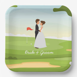 Golf bride and groom with golf ball tee Wedding Pa Paper Plate