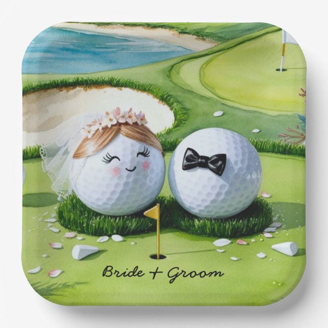 Golf bride and groom with golf ball tee Wedding Pa Paper Plate (Front)