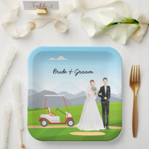 Golf bride and groom with golf ball tee Wedding    Paper Plate