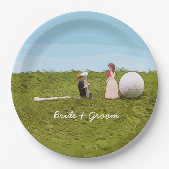Golf bride and groom with golf ball tee Wedding Paper Plate (Front)