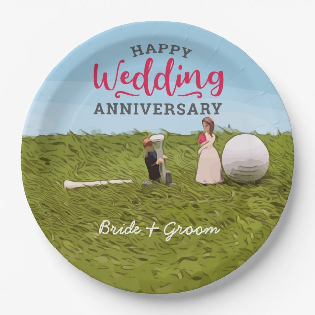 Golf bride and groom with golf ball tee Wedding Paper Plate (Front)
