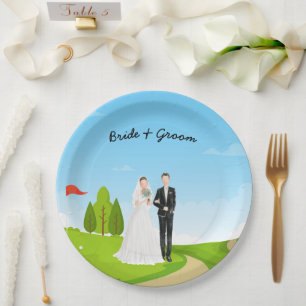 Golf bride and groom with golf ball tee Wedding Paper Plate