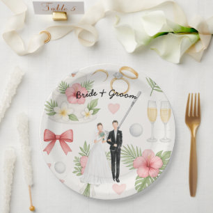 Golf bride and groom with golf ball tee Wedding Paper Plate