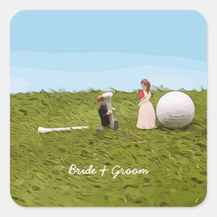 Golf bride and groom with golf ball tee Wedding  Square Sticker