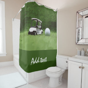 Golf cart and golf ball on green grass shower curtain