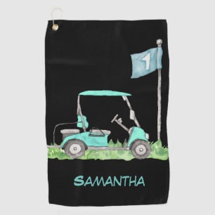 Golf cart at golf flag for woman golfer watercolor towel