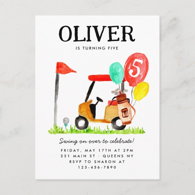 Golf Cart Ball Bag Balloon Kids Golfer Birthday Postcard (Front)