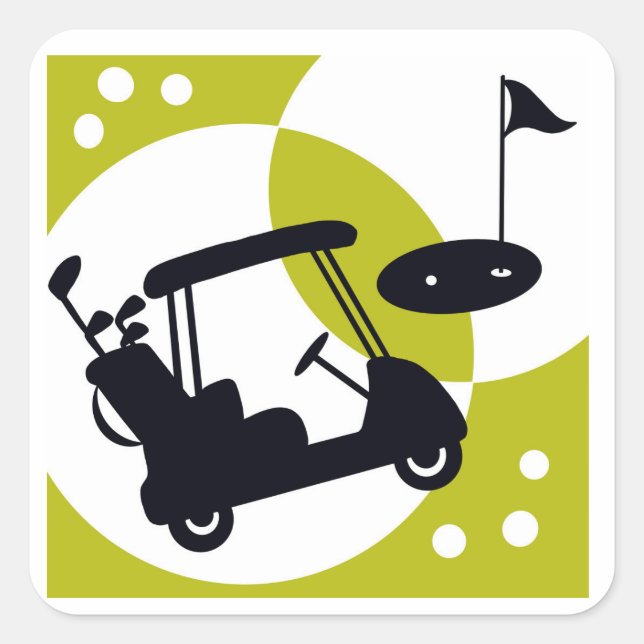 Golf cart, clubs, & greens square sticker (Front)