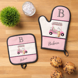 Golf Cart Clubs Monogram Name Oven Mitt & Pot Holder Set