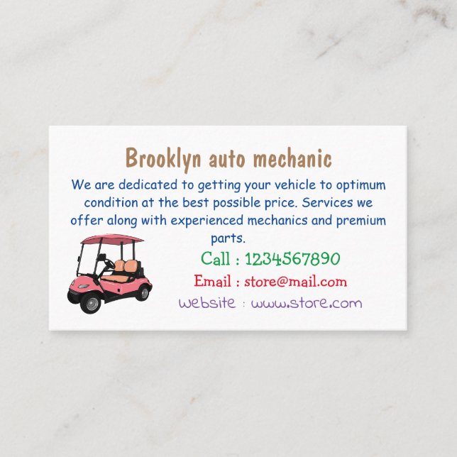 Golf cart / golf buggy cartoon illustration business card (Front)