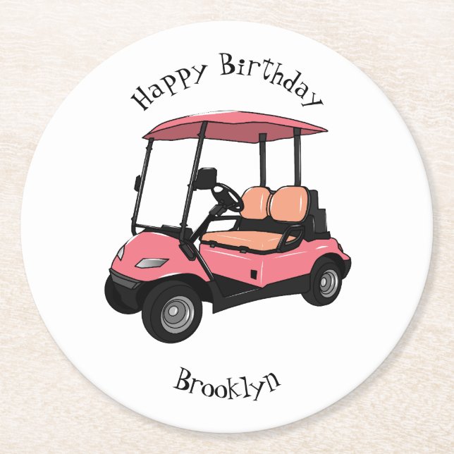 Golf cart / golf buggy cartoon illustration round paper coaster (Front)