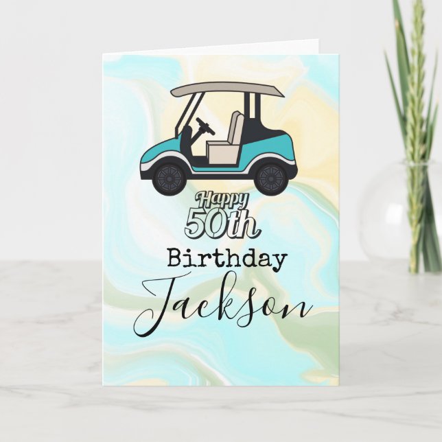 Golf Cart  Happy 50th Birthday on blue marble  Card (Front)