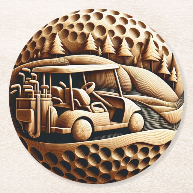 Golf Cart in Artistic Golf Setting Round Paper Coaster (Front)
