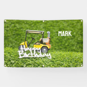 Golf cart is on green grass background banner