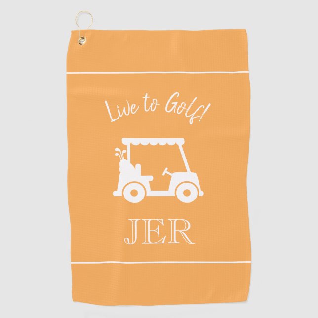 Golf Cart Live to Golf Monogrammed Orange Yellow Golf Towel (Front)