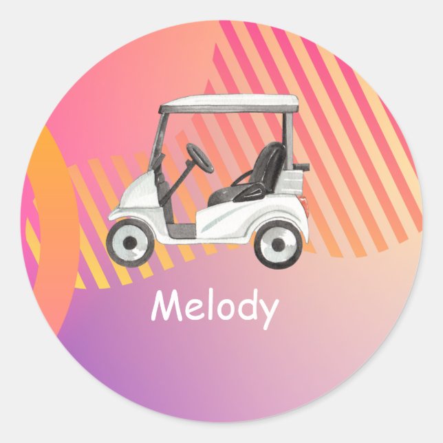 Golf cart on pink colourful background with name classic round sticker (Front)