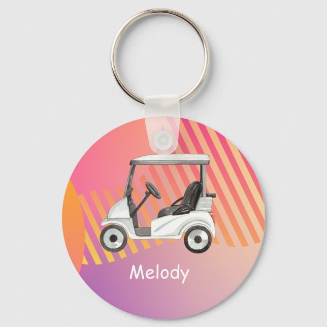 Golf cart on pink colourful background with name   key ring (Front)