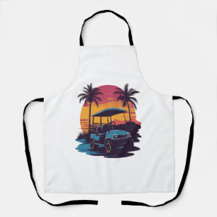 Golf Cart Palm Trees Sunset Vintage Set Apron