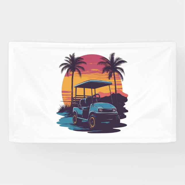 Golf Cart Palm Trees Sunset Vintage Set Banner (Horizontal)