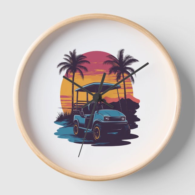 Golf Cart Palm Trees Sunset Vintage Set Clock (Front)