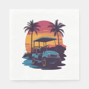 Golf Cart Palm Trees Sunset Vintage Set Napkin