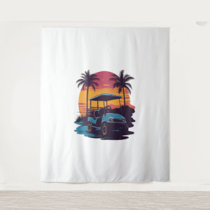 Golf Cart Palm Trees Sunset Vintage Set Tapestry
