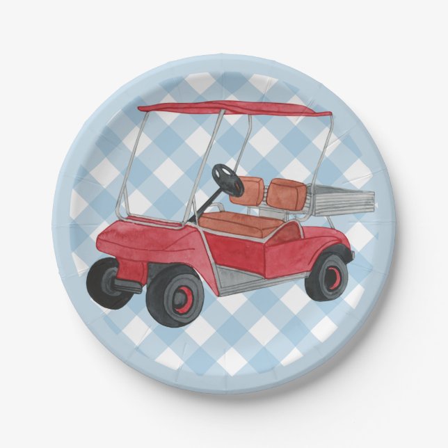 Golf Cart Plaid Blue Gingham Country Club Paper Plate (Front)