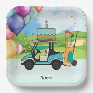 Golf cart with Birthday with cake for kid golfer Paper Plate