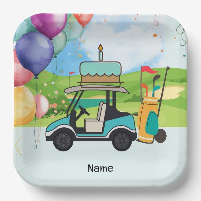 Golf cart with Birthday with cake for kid golfer Paper Plate (Front)