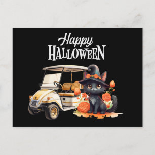 Golf cart with Black cat for Halloween Day Holiday Postcard