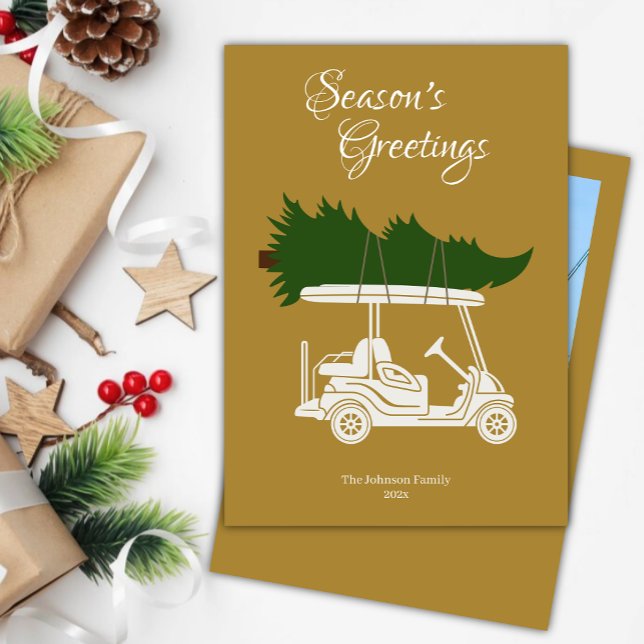Golf Cart with Christmas Tree • Gold Photo Holiday Card (Creator Uploaded)