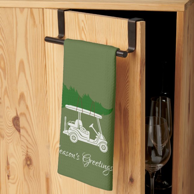 Golf Cart with Christmas Tree | Olive Green Tea Towel (Thirds Fold)