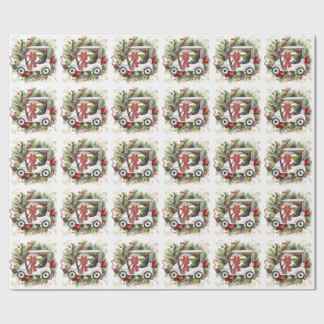Golf cart with Christmas wreath for golfer Wrapping Paper (Flat)