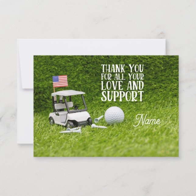Golf cart  with golf ball and American flag Thank  Thank You Card (Front)
