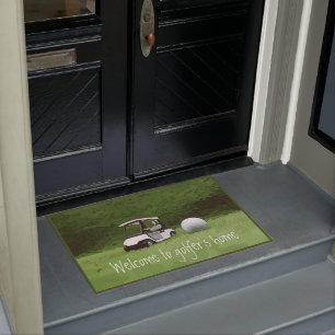 Golf cart with golf ball welcome doormat
