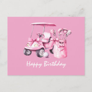 Golf  Cart with Happy Birthday  Woman Golfer PINK Postcard