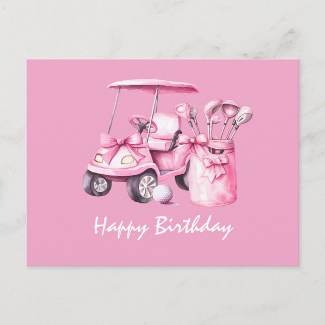 Golf  Cart with Happy Birthday  Woman Golfer PINK Postcard (Front)