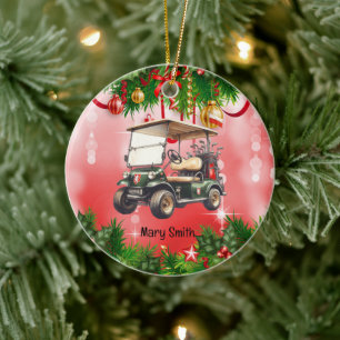 Golf Cart with red ribbon Ceramic Tree Decoration