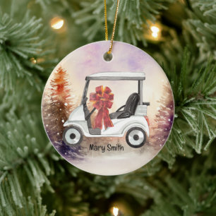 Golf Cart with red ribbon watercolor Ceramic Tree Decoration