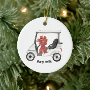 Golf Cart with red ribbon watercolor Ceramic Tree Decoration