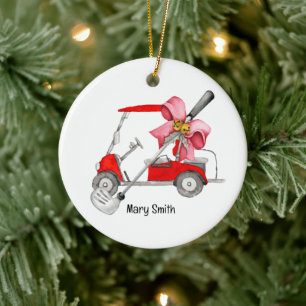 Golf Cart with red ribbon watercolor Ceramic Tree Decoration