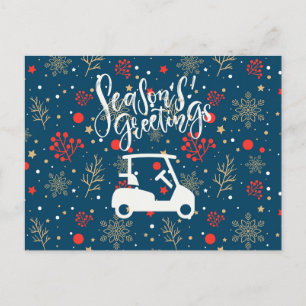  Golf cart with Season's Greeting Snow on Blue   Holiday Postcard