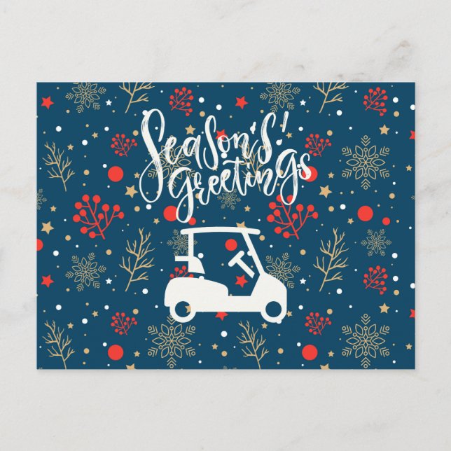  Golf cart with Season's Greeting Snow on Blue   Holiday Postcard (Front)