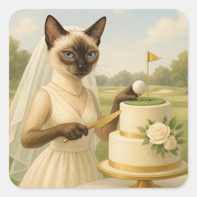 Golf Cat bride Golfer is cutting wedding Cake  Square Sticker (Front)