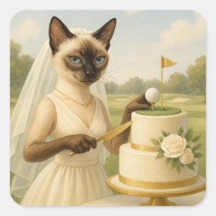 Golf Cat bride Golfer is cutting wedding Cake  Square Sticker