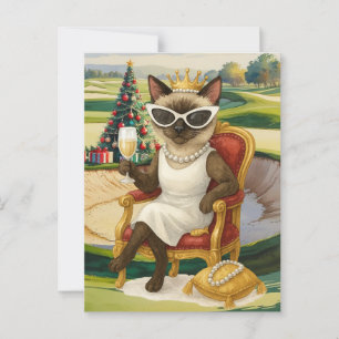 Golf Cat is drinking wine in Golf Course Christmas Postcard
