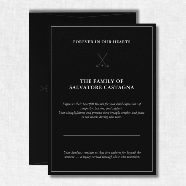 Golf Celebration of Life Black Thank You Card (Thoughtful golf memorial thank-you card — honoring love and remembrance.)