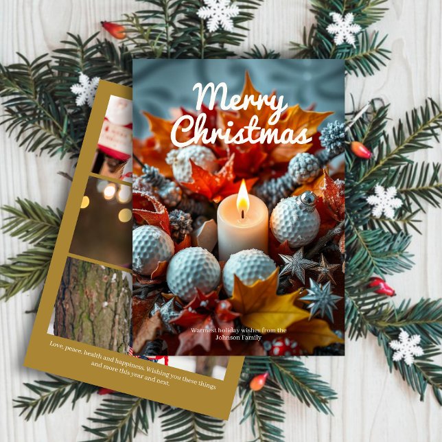 Golf Christmas Candle • Three Photo Gold Holiday Card (Creator Uploaded)