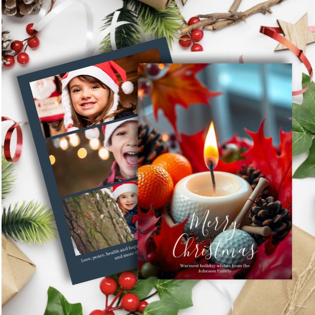 Golf Christmas Candle• Three Photo Navy Holiday Card (Creator Uploaded)