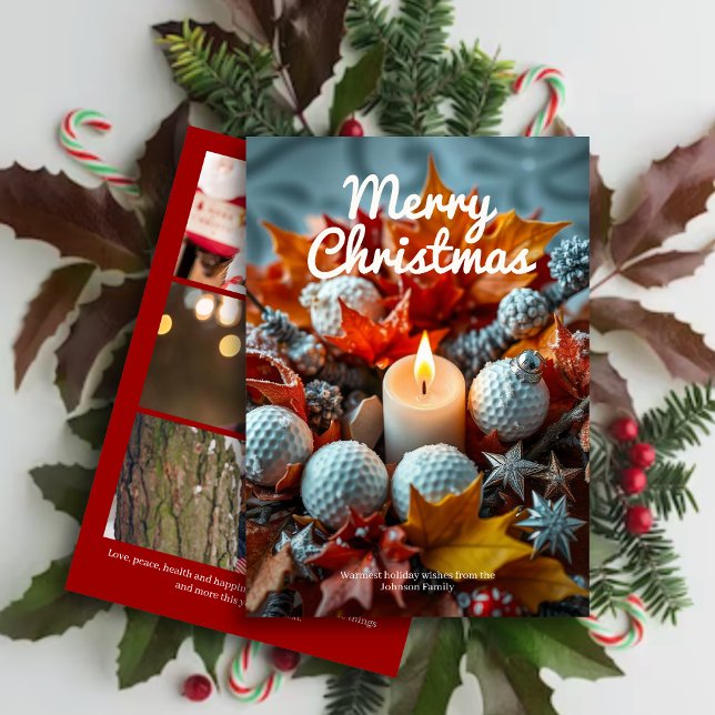 Golf Christmas Candle • Three Photo Red Holiday Card (Creator Uploaded)